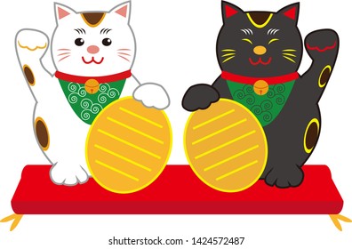 Lucky  black cat sitting and holding golden coin. Cute cartoon character. Japanese lucky cat Maneki neko. Black cats.