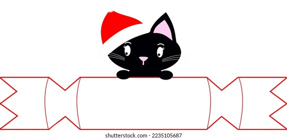 Lucky Black Cat wearing Santa hat. Cute Christmas holiday vector illustration.