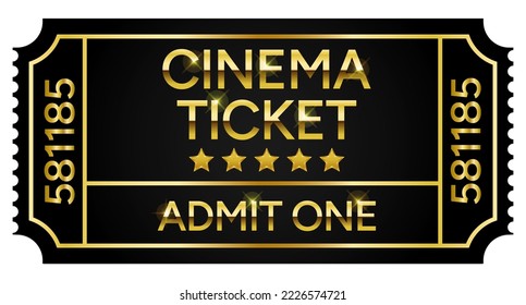 Lucky Black and Gold Admit One Cinema Ticket Sticker with Stars vector illustration