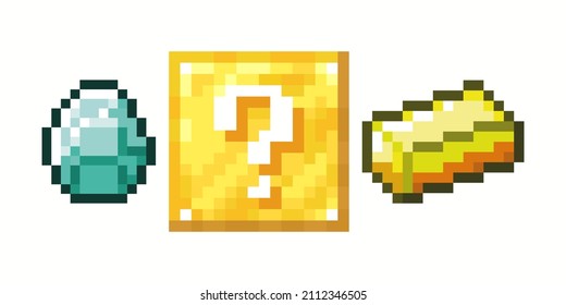 Lucky block. Yellow box of questions. What is the probability that it will fall out of the box? diamond, gold. Colored pixel with a question mark. Vector illustration