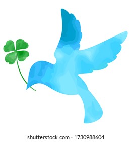 Lucky blue bird holding a four-leaf clover in a watercolor style