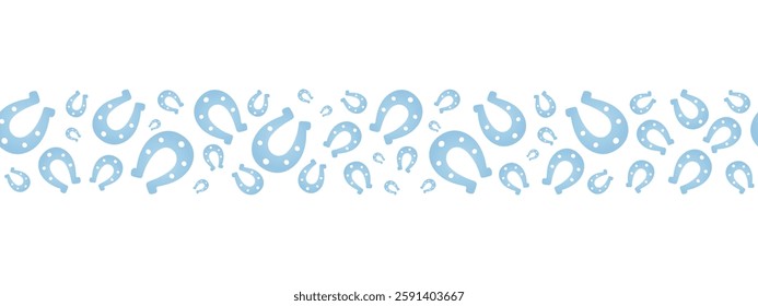 Lucky blue horseshoe. Glamorous silhouette. Gradient. Seamless long horizontal border. Endless vector pattern. Isolated colorless background. Symbol of luck. Continuous ornament. Abstract image. 