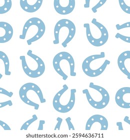 Lucky blue horseshoe silhouette. Seamless vector pattern. Endless ornament. Isolated colorless background. Flat style. Repeating symbol of happiness and good luck. Idea for web design.