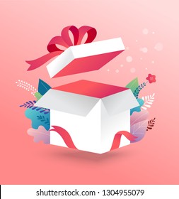 Caja de suerte, caja de regalo blanca abierta con cinta roja. Diseño de concepto de venta, dar promoción. Ilustración del vector