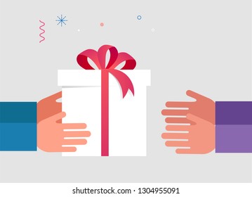 Lucky box, opened white present box with red ribbon. Sale concept design, give away promotion. Vector illustration