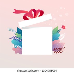 Lucky box, opened white present box with red ribbon. Sale concept design, give away promotion. Vector illustration