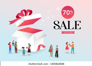 Lucky box, opened white present box with red ribbon. Sale concept design, give away promotion. Vector illustration