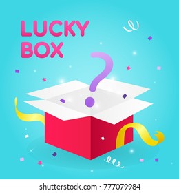 Lucky Box Vector illustration, Question mark coming out of gift box.