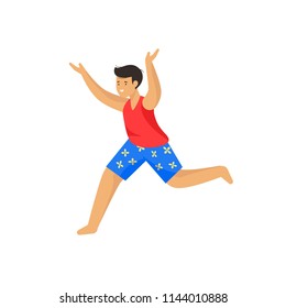 Lucky boy. The boy in shorts running with his hands up. Vector illustration.