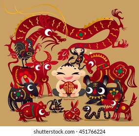 A lucky boy with twelve Chinese zodiac animals. Chinese character means good fortune.