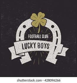 Lucky Boys horsehoe retro tee design. Creative Quote Typography Vintage, Motivation Poster Concept With starburst And Horseshoe. Vector illustration On Grunge Texture Background Football stamp, badge
