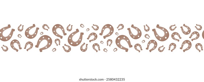 Lucky brown horseshoe. Chocolate silhouette. Seamless long horizontal border. Endless vector pattern. Isolated colorless background. Symbol of luck. Continuous ornament. Flat style. Abstract image. 