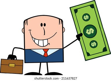 Lucky Businessman With Briefcase Holding A Dollar Bill Cartoon Character
