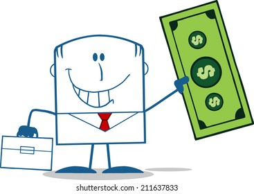 Lucky Businessman With Briefcase Holding A Dollar Bill Monochrome Cartoon Character