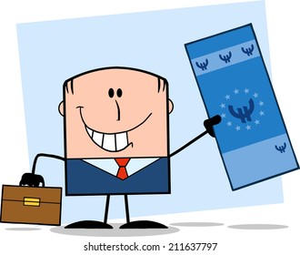 Lucky Businessman With Briefcase Holding A Euro Bill Cartoon Character On Background
