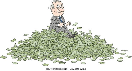 Lucky businessman enjoying his large pile of money, vector cartoon illustration on a white background