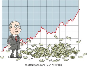 Lucky businessman enjoying his rising chart of profit and growing heap of money, vector cartoon illustration on a white background