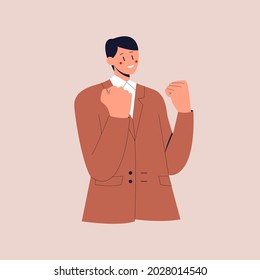 Lucky businessman say yes with relieved face, smiling and making fist pump, triumphing of success. Colorful flat vector illustration on isolated background. Eps 10.