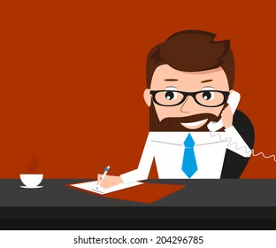 Lucky businessman is signing contract and talking via phone