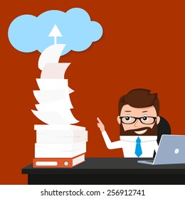 Lucky businessman is synchronizing his work with the cloud. Conceptual illustration.