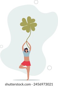 lucky businesswoman holding lucky clover leaf.flat vector illustration.