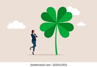 Lucky businesswoman near holding lucky clover leaf. Luck for success, blessing for work opportunity, chance, happiness. Flat vector illustration. 