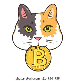 Lucky calico crypto cat holding Bitcoin in mouth, funny poster for someone who love cats and crypto coins