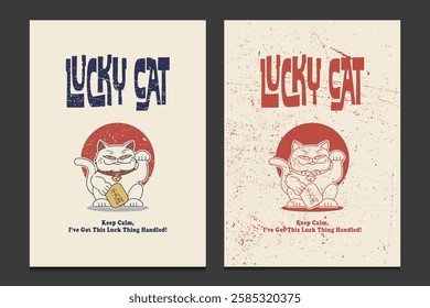 lucky cat cartoon character in retro style, vector illustration