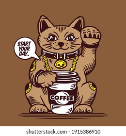Lucky Cat Character Design Mascot Coffee Cup