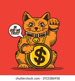 Lucky Cat Character Design Mascot Dollar Coin Money Currency