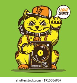 Lucky Cat Character Design Mascot Disc Jockey