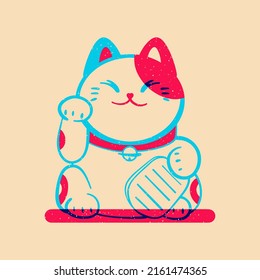 Lucky cat. Colorful cute screen printing effect. Riso print effect. Vector illustration. Graphic element  for fabric, textile, clothing, wrapping paper, wallpaper, poster.