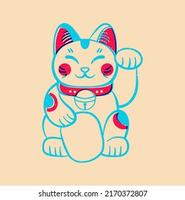 Lucky cat. Colorful cute screen printing effect. Riso print effect. Vector illustration. Graphic element  for fabric, textile, clothing, wrapping paper, wallpaper, poster.