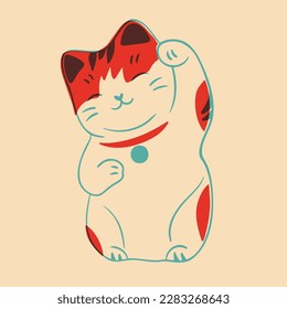 Lucky cat. Colorful cute screen printing effect. Riso print effect. Vector illustration. Graphic element  for fabric, textile, clothing, wrapping paper, wallpaper, poster.