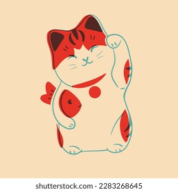 Lucky cat. Colorful cute screen printing effect. Riso print effect. Vector illustration. Graphic element  for fabric, textile, clothing, wrapping paper, wallpaper, poster.