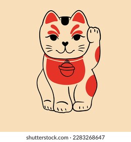 Lucky cat. Colorful cute screen printing effect. Riso print effect. Vector illustration. Graphic element  for fabric, textile, clothing, wrapping paper, wallpaper, poster.