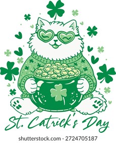 Día del gato de la suerte Trébol Lindo Gato Ilustración Divertido Shamrock Diseño de la camiseta