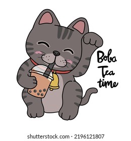 Lucky Cat Drink Bubble Tea, Boba Tea Time Cartoon Vector Illustration