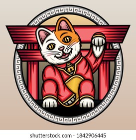 Lucky cat in front of torii gate. Premium vector