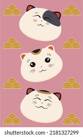 Gato afortunado gracioso bozal del personaje asiático tradicional Maneki Neko set imagen vectorial de afiches rosas. Símbolo japonés de bienestar de la riqueza de la masa felina. Sonreír a la ciudad folclórica cultural de China