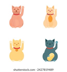 Lucky cat icons set cartoon vector. Japanese cat maneki neko with raised paw. Asian figurine for good luck