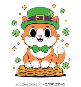 Gato de Sorte no Chapéu Leprechaun Sentado em Moedas de Ouro