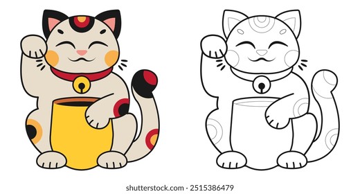 Gato de la suerte Maneki Neko. Página para colorear. Ilustración vectorial.