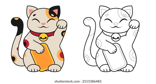 Gata sortuda Maneki Neko. Colorindo página. Ilustração vetorial.