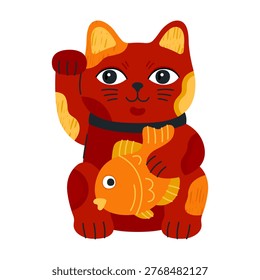 Lucky cat, Maneki neko with fish. Japanese figurine, cute cartoon Asian character, fortune symbol. Red porcelain kitten with waving paw, symbol of money, prosperity and wealth.
