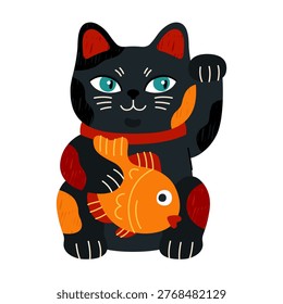 Lucky cat, Maneki neko with fish. Japanese figurine, cute cartoon Asian character, fortune symbol. Black porcelain kitten with waving paw, symbol of money, prosperity and wealth.