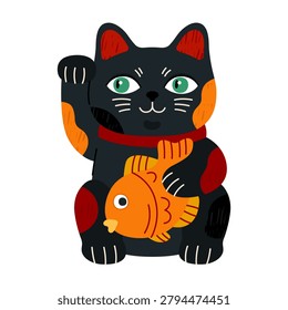 Lucky cat, Maneki neko with fish. Japanese figurine, cute cartoon Asian character, fortune symbol. Black porcelain kitten with waving paw, symbol of money, prosperity and wealth.