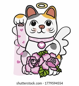 Lucky cat (Maneki Neko) god of love  cartoon vector illustration