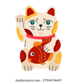 Lucky cat, Maneki neko with red fish. Japanese figurine, cute cartoon Asian character, fortune symbol. White porcelain kitten with waving paw, symbol of money, prosperity and wealth.