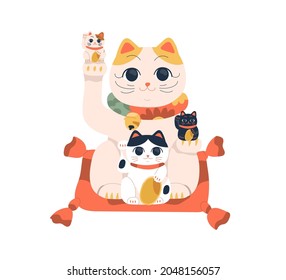 Lucky cat maneki-neko with little kittens in paws. Japanese figurine for happy family, fortune and luck. Asian beckoning toy on pillow. Colored flat vector illustration isolated on white background